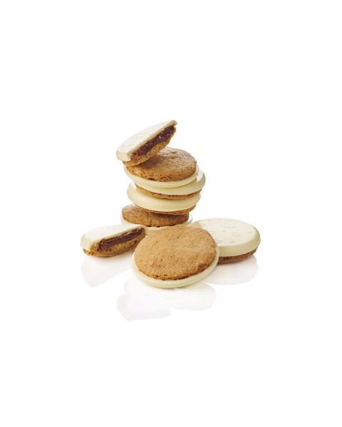Biscuits nature sur un fondant palet de chocolat blanc fourré de praliné framboises 150 g