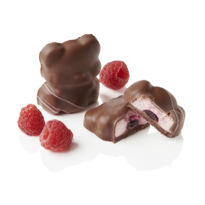 Raspberry marshmallow and almond praline teddy bears with milk chocolate coating