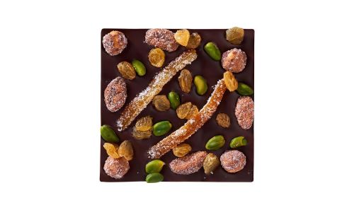 Tablette chocolat noir, fruits secs & oranges confites