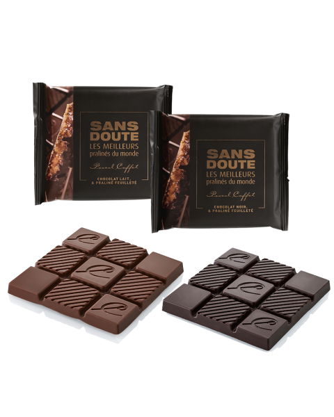 Lot 1 tablette chocolat lait fourrée au praliné et 2 tablettes chocolat noir fourrées au praliné