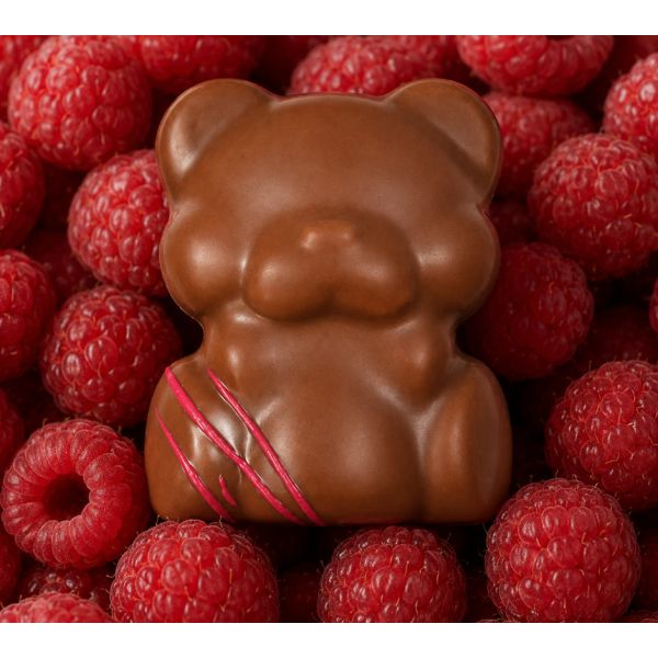 Raspberry marshmallow and almond praline teddy bears with milk chocolate coating