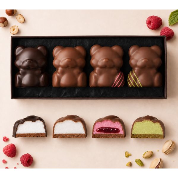 Box of assorted marshmallow and praline teddy bear