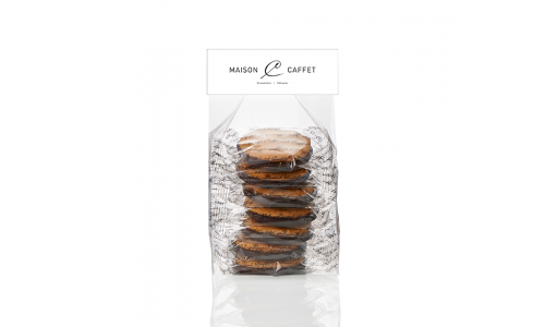 Photo Biscuits nature sur un fondant palet de chocolat noir fourré de caramel 150 g
