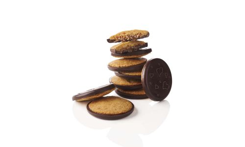 Biscuits nature sur un fondant palet de chocolat noir fourré de caramel 150 g