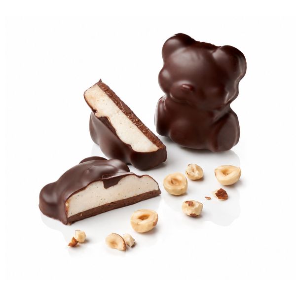 Box of vanilla marshmallow and hazelnut praline teddy bears with a dark coating