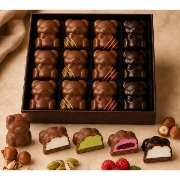 Box of assorted marshmallow and praline teddy bear
